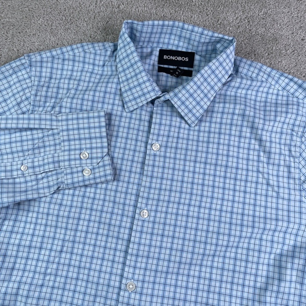 Bonobos Shirt Mens XL Tall Blue Gingham Plaid Tailored Fit Stretch Performance